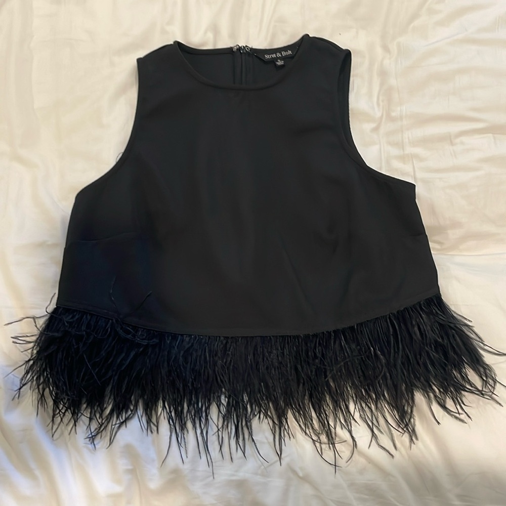 Strut & Bolt Black Sleeveless Feather Trim Top